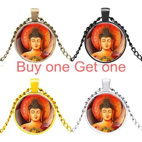 Vintage Buddhism Design Glass Dome Charm Pendant Necklace Men Women Buddhism Jewelry Gifts