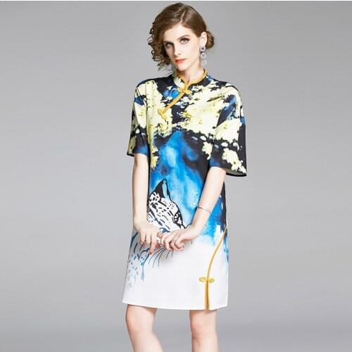 Vintage Chinese style Women dresses leopard printing Mini Dress vestidos short Sleeve Spring loose Dress