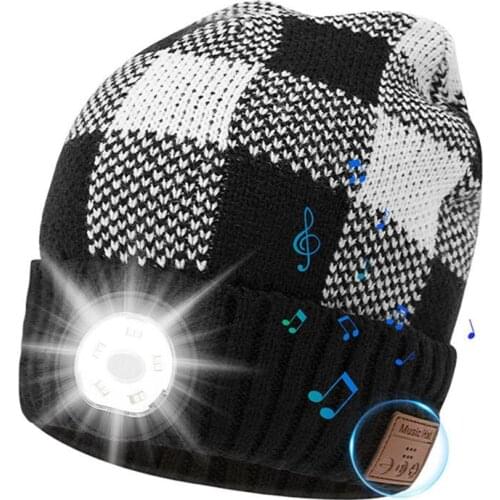 Led Knitted Beanie With Head Lamp Light Usb Rechargeable Bluetooth Wireless Stereo Headset Music Player Cap Winter Warm Outdoor