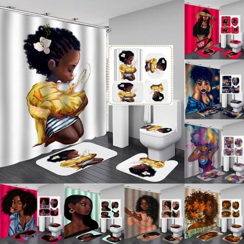 Cute African Girl Shower Curtain Set Waterproof Bathroom Curtains with Anti-slip Bath Mat Toilet Lid Cover Doormat Kitchen Rugs
