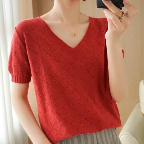 MERRILAMB Summer Openwork T-Shirt Tops Women Casual V-Neck Tees Pure Cotton Knitted Solid Color Short-Sleeved Pullover Blouses