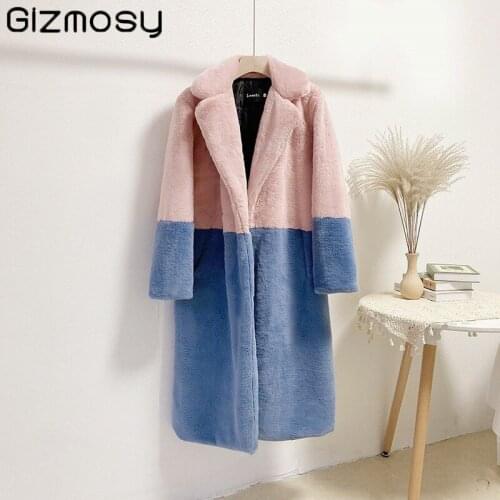 Gizmosy Winter Loose Faux Fur Jacket Women 2021 New Hairy Long Fur Coat Female Lapel OverCoat Thick Warm Plush Parkas Outwear