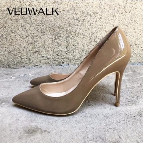 Veowalk Dark Khaki Women Patent leather Pointed Toe High Heels Solid Color Ladies Slip On Stiletto Pumps Fashion OL Dress Shoes