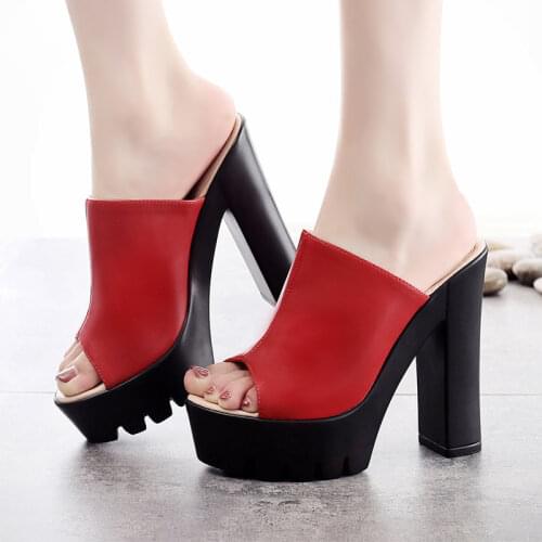 Large Size 33-43 Open Toe Block Heels Platform Shoes Woman Summer 2021 Split Leather Slides High Heels Slippers Ladies White