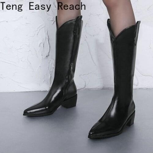 2021 Black White Women Knee High Boots Pointed Toe Square High Heel Ladies Western Boots Short Plush Autumn Winter Womens Boots