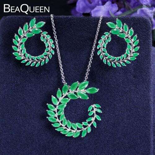 BeaQueen New Fashion Green Leaf Stud Earrings Pendant Necklace CZ Stone Party Jewelry Sets Best Friend Gift For Women JS097