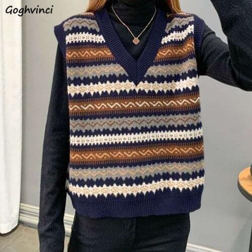 Sweater Vests Women Geometric Embroidered Vintage Ladies Autumn Jacquard Waistcoat Knitted Korean Style V-neck Elasticity Vest