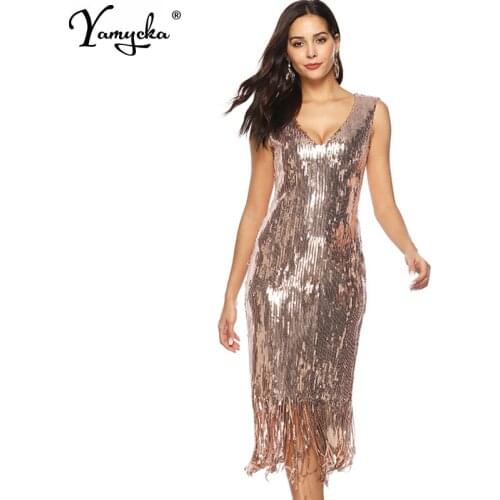 Sexy luxury Bling Sequins summer dress wome Night club Party dresses gold tassel bodycon vintage long dress elegant vestidos New