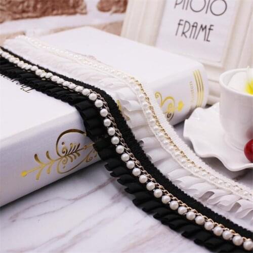 10 Yards Pleated Pearl Beads Lace Mesh Fold Trim Gold Chain For DIY Lace Clothing Wedding Handmade Lolita Costume Design