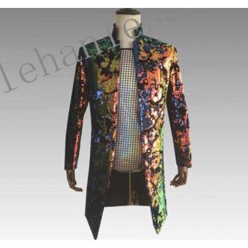 Velvet print clothes men suits stage singers Medium - long jacket men Flip sequins blazer dance star style stand collar
