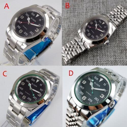 BLIGER 36mm Polished Men Watch Japan NH35A Movement Jubilee Strap Green/Red Secodn Hand Sapphire Crystal Steel Case