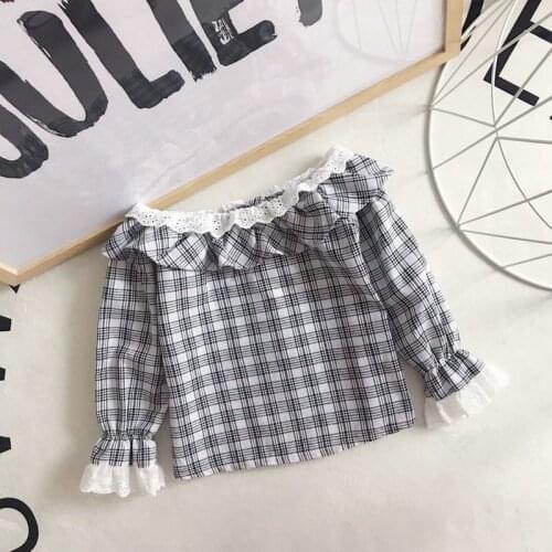 2018 New Spring Summer Baby Girl Blouses Plaid Shoulder-less Collar Full Sleeve Girl Top Girl Clothes School Girl Lace Blouses