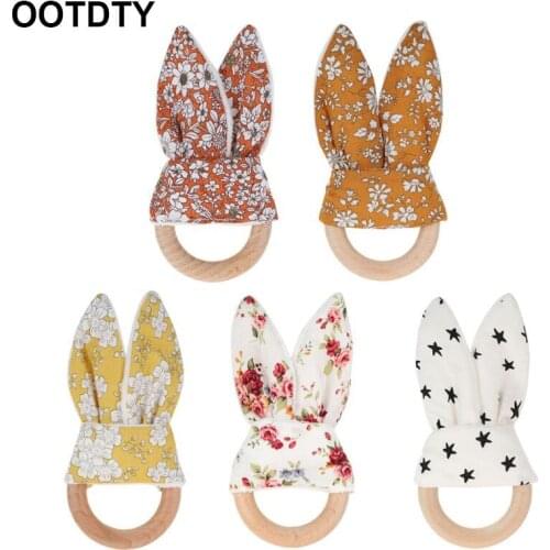 Baby Teether Beech Wooden Ring Teething Rattles Chew Play Gym Montessori Toy