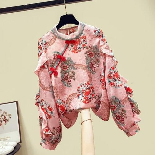 Chinese Cheongsam Design Shirts 2020 Autumn Fashion Womens Ruffles Long Sleevese Floral Shirt Tops Ladies Blouses Shirts A3812