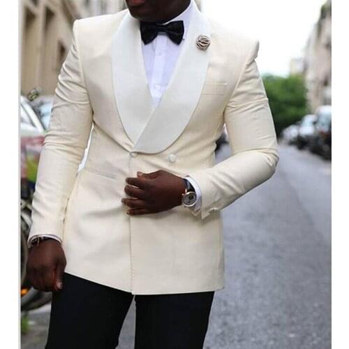 Double Breasted Ivory Men Suits for Wedding Sllim Fit Shawl Lapel Groom Tuxedo African Male Fashion Jacket with Black Pants