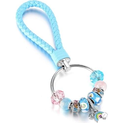 KEORMA New Trendy Rainbow Series Pendant & Charms Beads Key Chain with Blue Leather Chain Women Fine Charms Key Chain Accessory