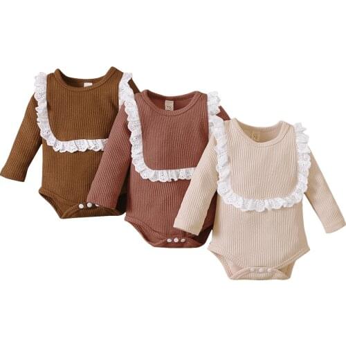 Newborn Baby Girls Bodysuits 2021 Summer Autumn Long Sleeve Lace Rib Knit Bodysuit Toddler Baby Clothes