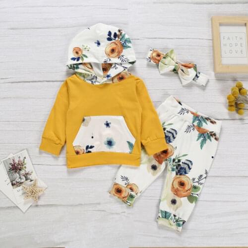 3pcs Infant Baby Girl Boys Clothes Sets Flowers Print Long Sleeve Hooded Tops+Pants+Headband Kids Child Outfits