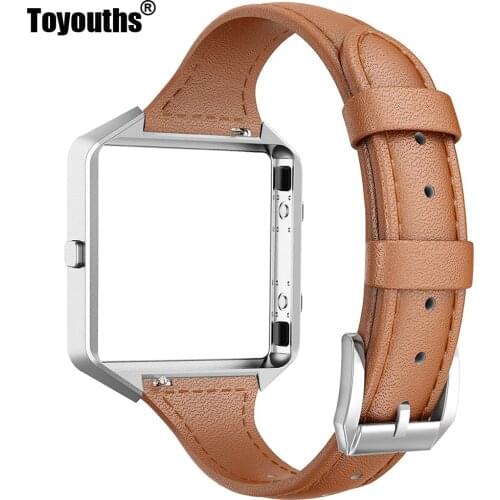 Leather Bands with Metal Frame Compatible Fitbit Blaze Smart Watch Classic Genuine Leather Replacement Strap for Women Men