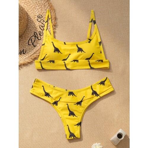 Yellow Dragon Print Bikini Swimwear Women Ladies Cut Out Bathing Suit Thong Swimsuit Push Up Beachwear Maillot De Bain