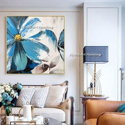 Best 100% Handmade Oil Painting On Canvas Modern Abstract Blue Flowers Wall Picture Paintings Living Room Home Decoration