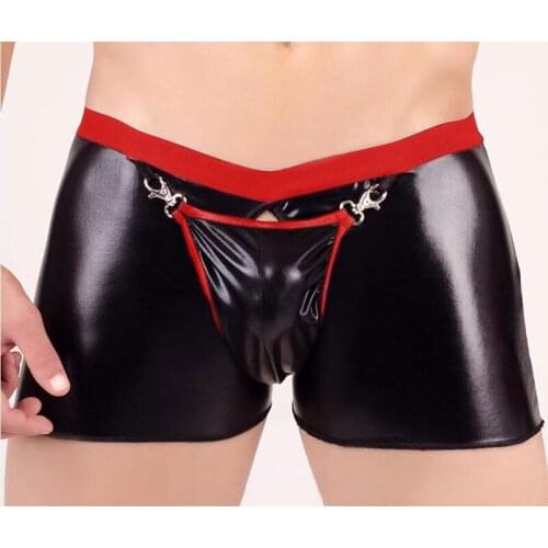 Men Plus Size U Convex Pouch Boxer PVC Shiny Open Faux Leather Underwear Boxers Hot Shorts Male Erotic lingerie Gay Wear F18