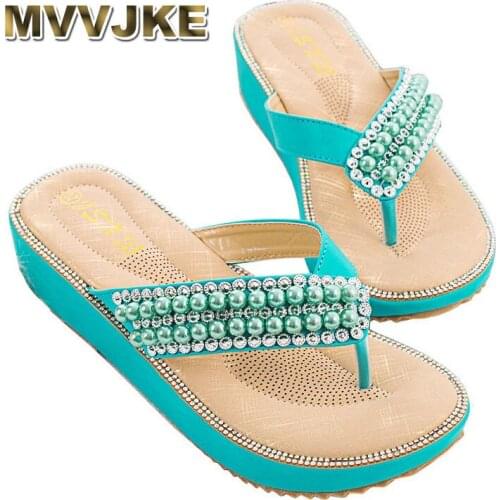 MVVJKE 2020novelty fashion crystal beads platform women slippers lady Sexy rhinestone wedges high heels slides big size shoes
