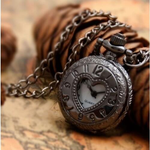 New Arrive Small Size Black Heart Pocket Watch Necklace For Xmas Gift steampunk reloj mujer 10pca dial25MM