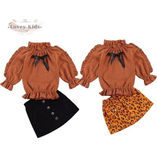 2020 Autumn Baby Girls Clothes Kids Sets Brown Ruffles Long Sleeve Bow Pullover Tops+Leopard /Black Button A-Line Skirts 1-6Y