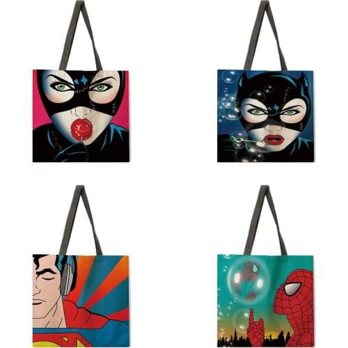 Popular superhero print tote bag linen casual tote bag lady shoulder bag foldable shopping bag reusable beach bag handbag