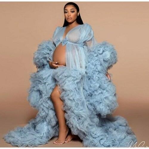 Fluffy Tulle Robes Baby Shower Kimono Sky Blue Women Long Tulle Maternity Pregnant Dresses Tiered Birthday Party Robe