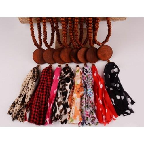 2021 Spring Designs Monogram Round Blank Wooden Disc Pendant Colored Cloth Bead Tassel Necklace JN1186