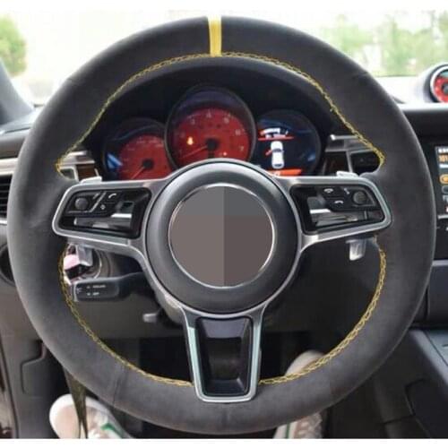 Hand-Stitched Soft DIY Genuine Leather Suede Car Steering Wheel Cover For Porsche Macan Cayenne 2015-2016