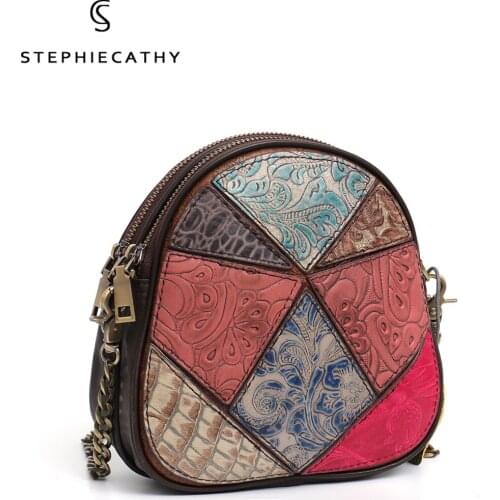 SC Retro Patchwork Women Leather Crossbody Bag Embossed Vintage Design Chain Shoulder Bags Ladies Casual Small Leather Handbags