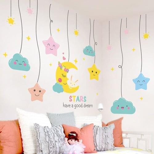 [shijuekongjian] Cartoon Stars Wall Stickers DIY Clouds Moon Mural Decals for Kids Bedroom Living Room Nursery House Decoration