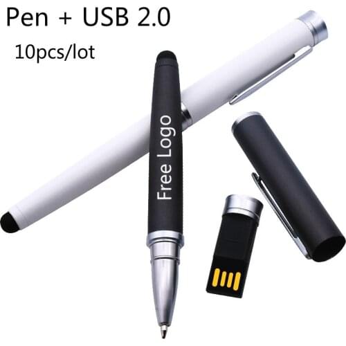 10pcs/lot USB Pen Drive Ballpoint Pen Usb Flash Drive 2.0 Double-Use Memoria Stick Pendrive Free Logo for Office Supplies Gifts