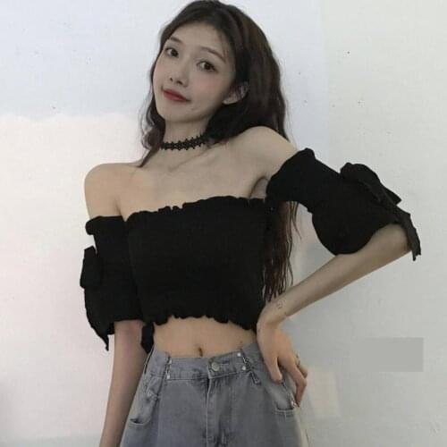 Vintage Off Shoulder Black Tank Tops Women Sexy Sleeve Tie Bow Crop Top Female Summer Knitwear Tees
