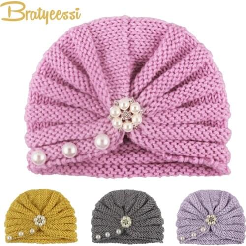 Knitted Baby Winter Hat for Girls 12 Colors Pearls Baby Beanie Turban Hats Kids Cap Newborn Hat for Girls Toddler Accessories