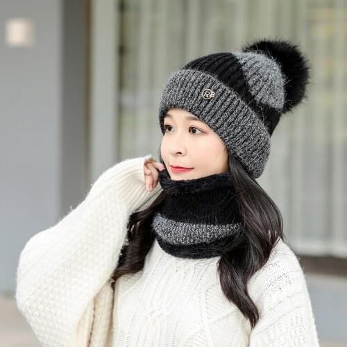 Rabbit Fur Knitted Beanie Scarf Set For Woman Girl Pompoms Warm Winter Hat Patchwork Fashion Outdoor Cap
