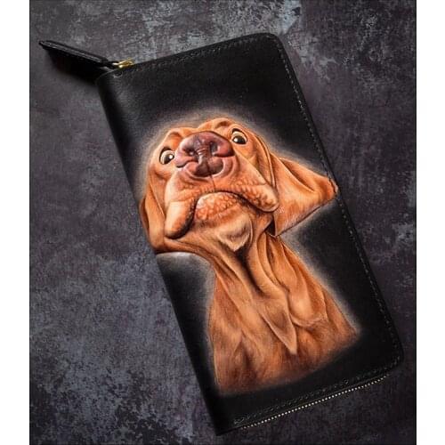 High-grade Handmade Wallets Purses Women Men Long Clutch Vegetable Tanned Leather Carving Dog Wallet
