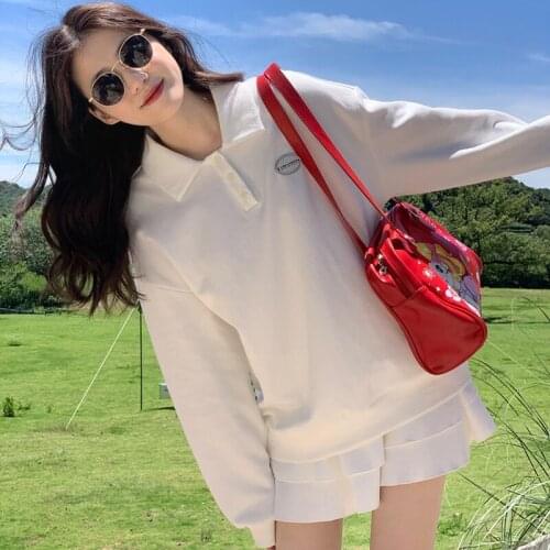 Green Harajuku Oversized Polo Collar Hoodies Women Vintage Sailor Anime Sweatshirts Y2k Moon Solid Long Sleeve Autumn Tracksuit