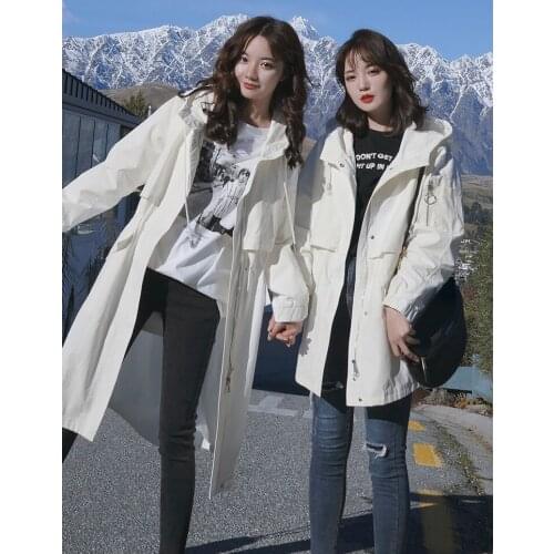 First love white Beige windbreaker womens middle and long small coat shows high temperament, college style retractable waist