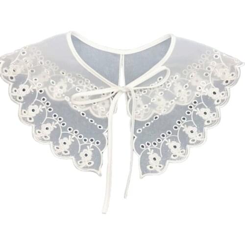 Women Lolita Decorative Fake Doll Collar Lace Shawl Capelet Hollow Out Embroidery Layered Dickey Mini Cape Self-Tie Ribbon