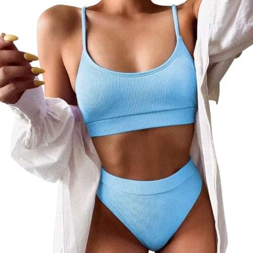 Women Sexy 2 Piece Bikini Set Scoop Neck Push Up Padded Ribbed Micro Swimsuit High Waisted Neon Solid Color Bathing Suit