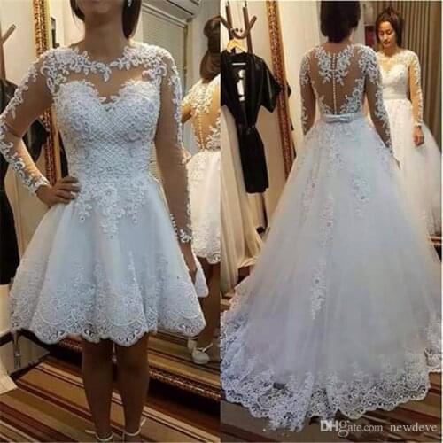 Sheer Long Sleeve 2019 Wedding Dresses Detachable Skirt Vestido De Noiva Illusion Lace Appliques Bridal Gowns