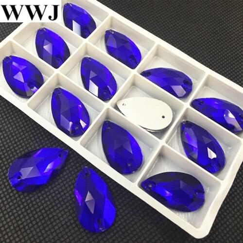 15pcs/lot 17x28mm Cobalt Color Teardrop Glass Crystal Sew on Rhinestone Flatback 2 holes Pear Droplet Sewing Crystal Beads