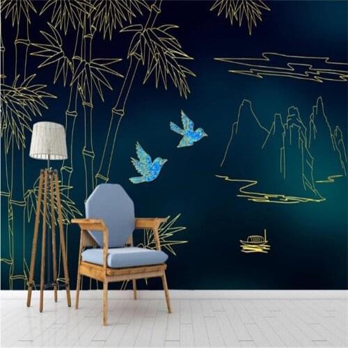 Milofi customized 3D wallpaper mural new Chinese golden embossed lines bamboo leaf bird Nordic background wall