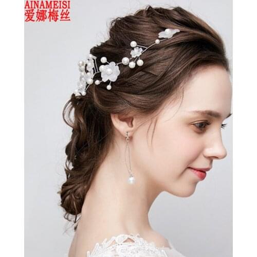 AINAMEISI Fashion Pearl Handmade Wedding Headband Red White Floral Crystal Bridal Hair Jewelry For Women Hair Accessories