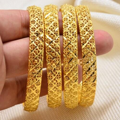 Annayoyo 4pcs Gold Bracelets&Bangles Dubai Bangles for Women African Bangles with Charm Ethiopian Bridal Jewelry Indian Bracelet