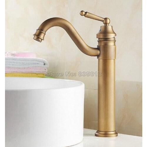 Antique Brass Classic Single Handle Bathroom Basin Sink Mixer Tap Single Hole Deck Mounted Swivel Spout Faucet Wnf205